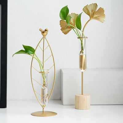 GOLD FLORA METAL AND GLASS TEST TUBE PROPAGATION VASE