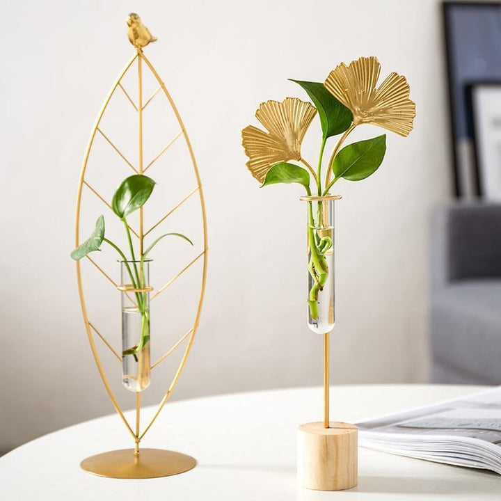 GOLD FLORA METAL AND GLASS TEST TUBE PROPAGATION VASE