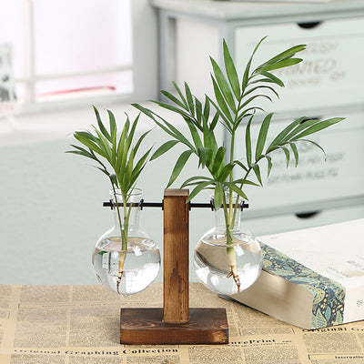 GLASS PROPAGATION VASE WITH VERTICAL WOODEN STAND