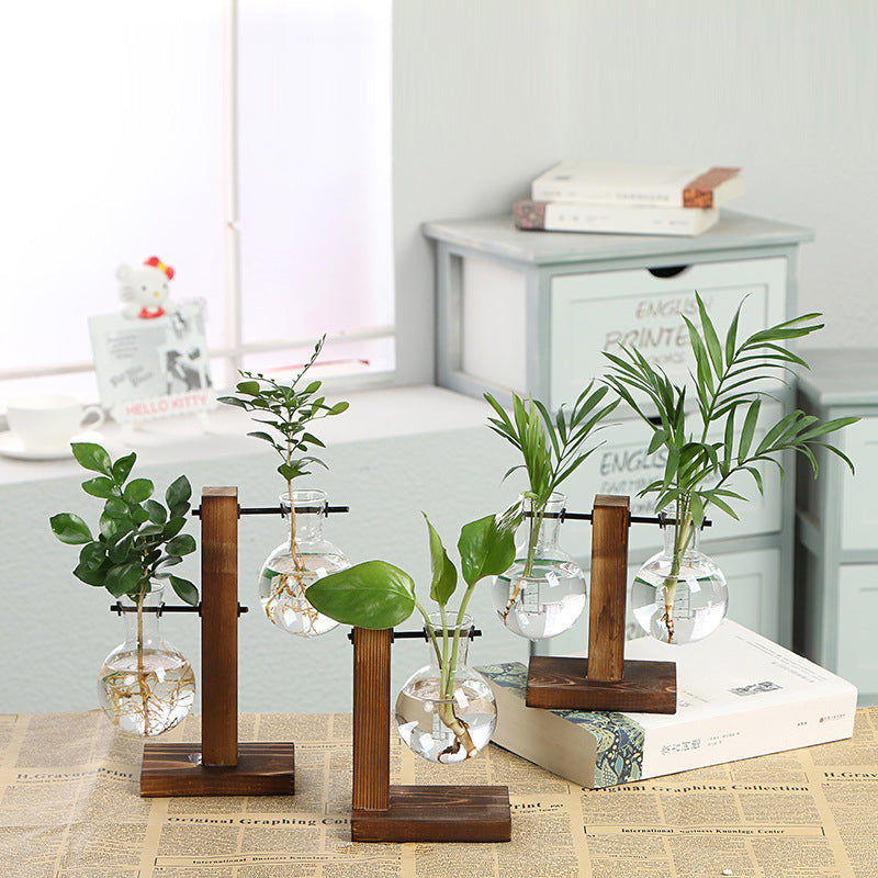 GLASS PROPAGATION VASE WITH VERTICAL WOODEN STAND