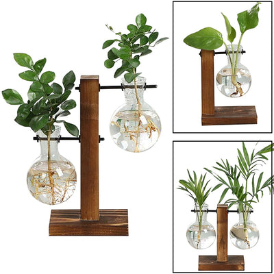 GLASS PROPAGATION VASE WITH VERTICAL WOODEN STAND