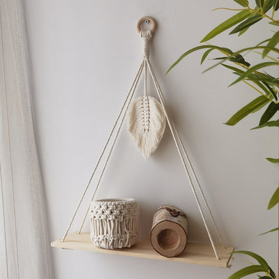 HANDMADE MACRAME ROPE SWING WOODEN SHELF