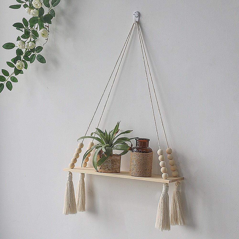 HANDMADE MACRAME ROPE SWING WOODEN SHELF