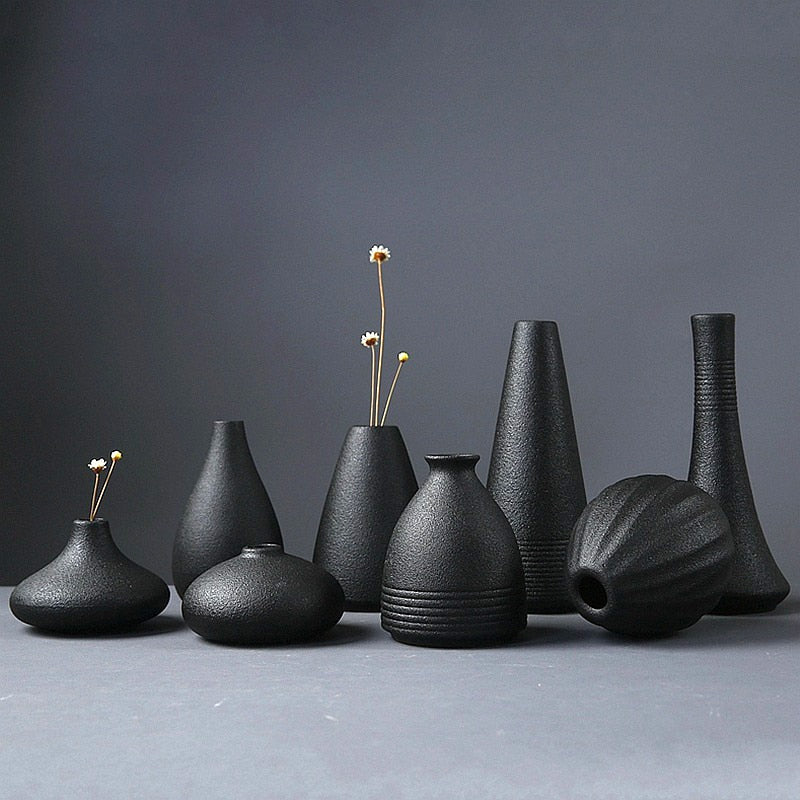 BLACK AS NIGHT TEXTURED CERAMIC VASES