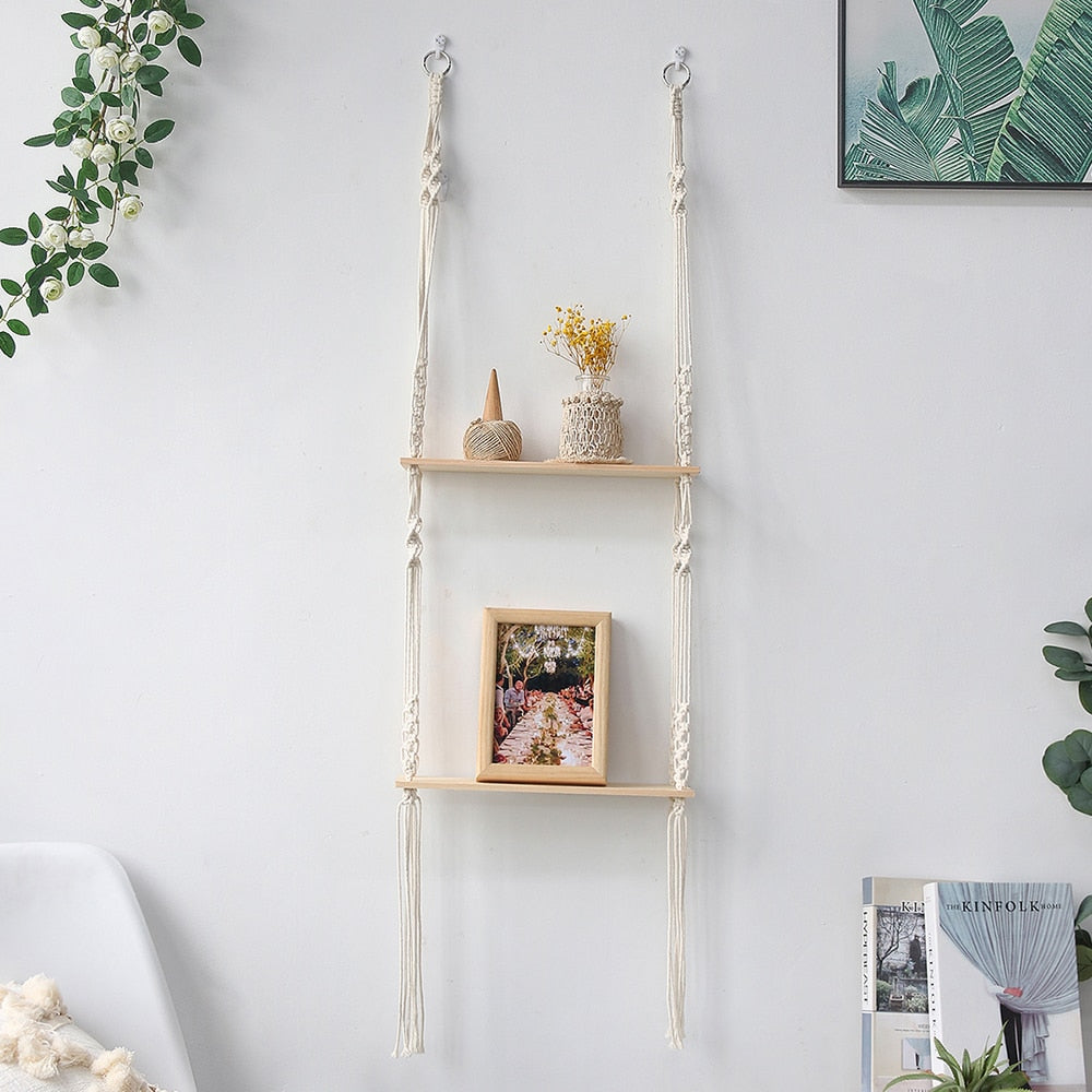 HANDMADE MACRAME ROPE SWING WOODEN SHELF