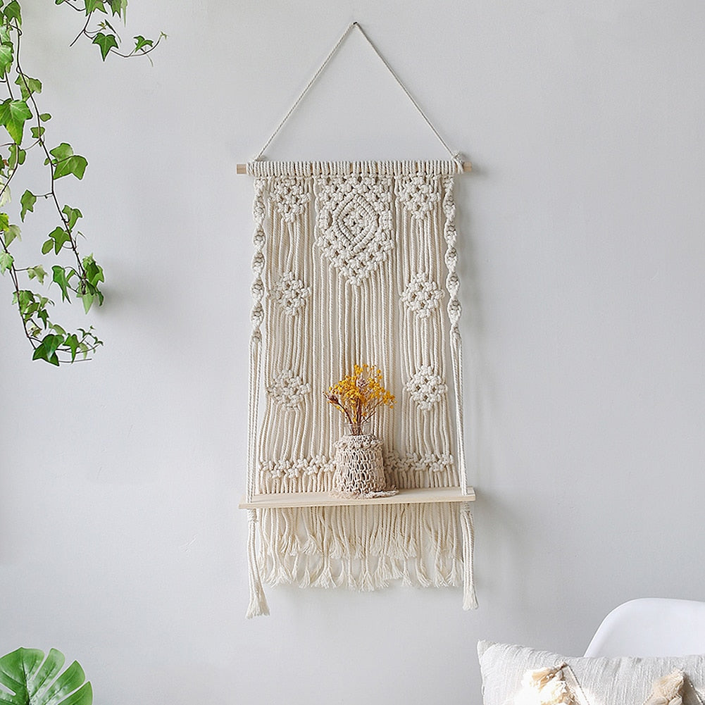 HANDMADE MACRAME ROPE SWING WOODEN SHELF