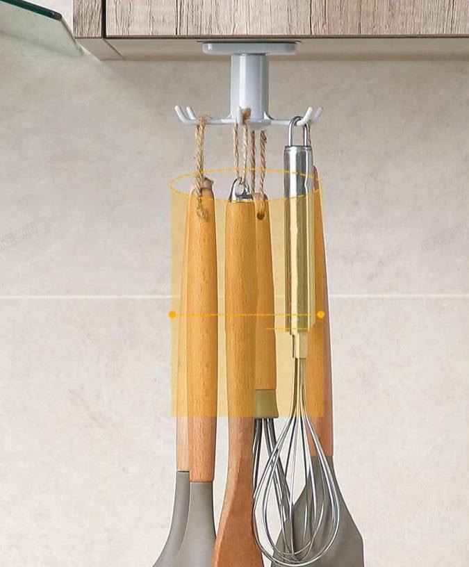 UNDER-CABINET SPINNING KITCHEN UTENSIL STORAGE 6-HOOK HANGER