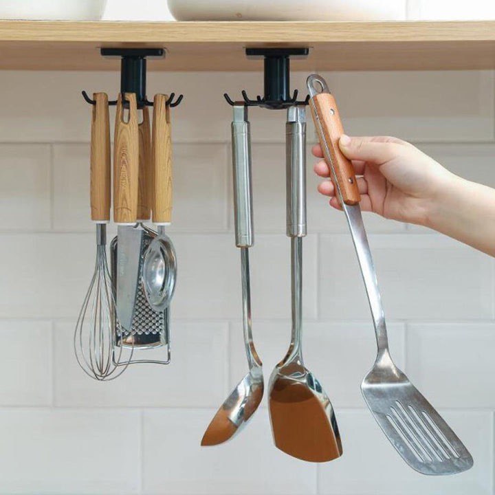 UNDER-CABINET SPINNING KITCHEN UTENSIL STORAGE 6-HOOK HANGER