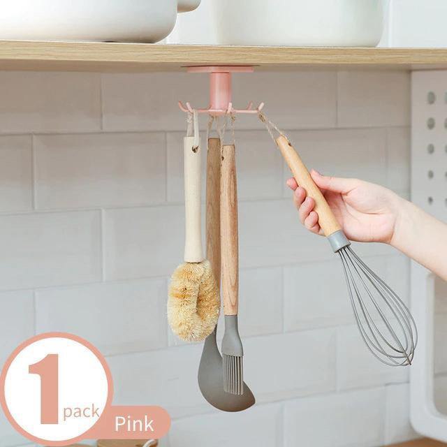 UNDER-CABINET SPINNING KITCHEN UTENSIL STORAGE 6-HOOK HANGER