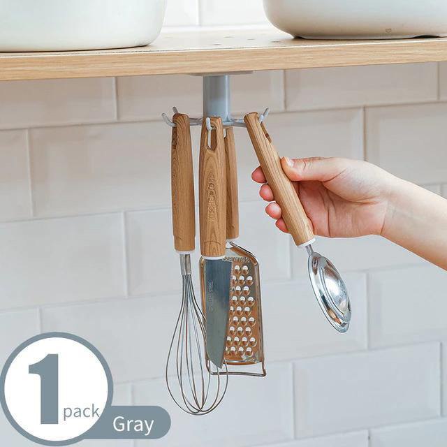 UNDER-CABINET SPINNING KITCHEN UTENSIL STORAGE 6-HOOK HANGER