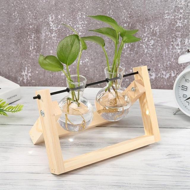 GLASS PROPAGATION VASE A-FRAME WOODEN STAND