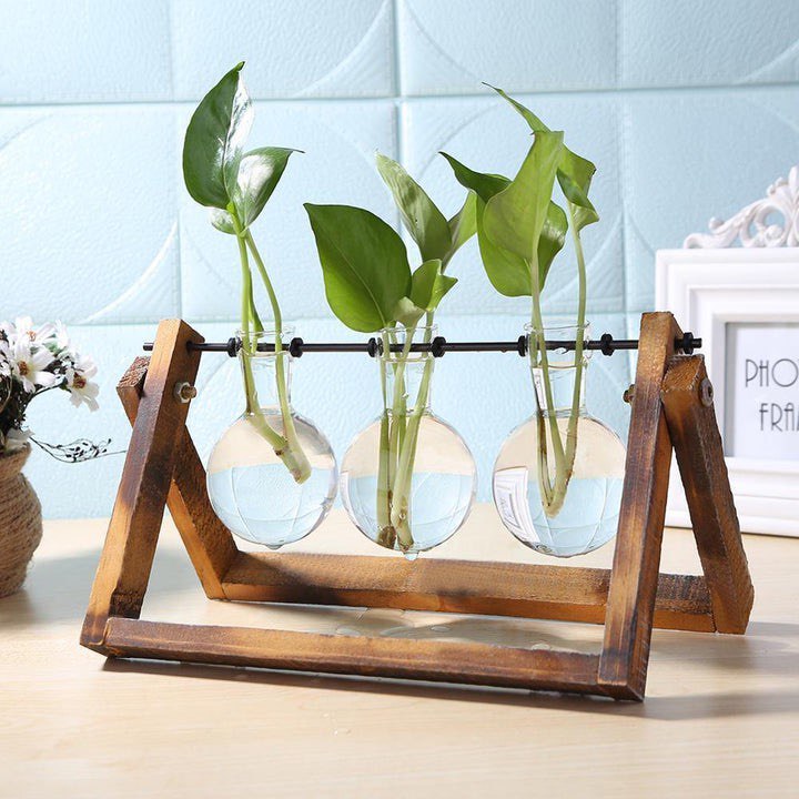 GLASS PROPAGATION VASE A-FRAME WOODEN STAND