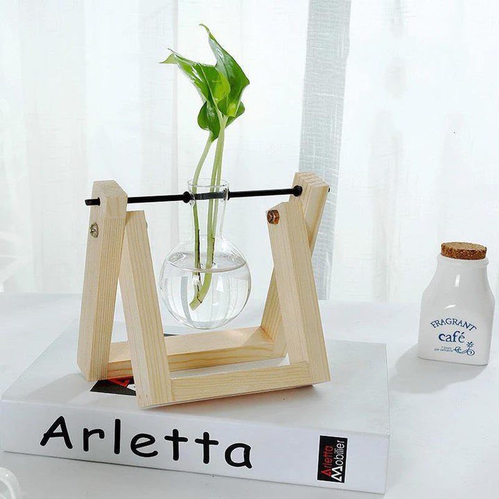 GLASS PROPAGATION VASE A-FRAME WOODEN STAND