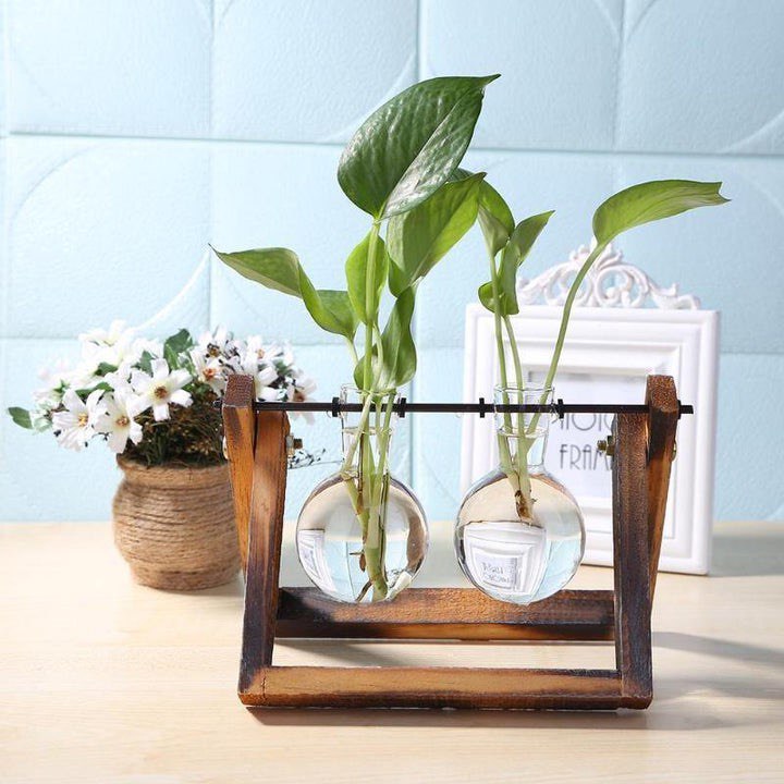 GLASS PROPAGATION VASE A-FRAME WOODEN STAND