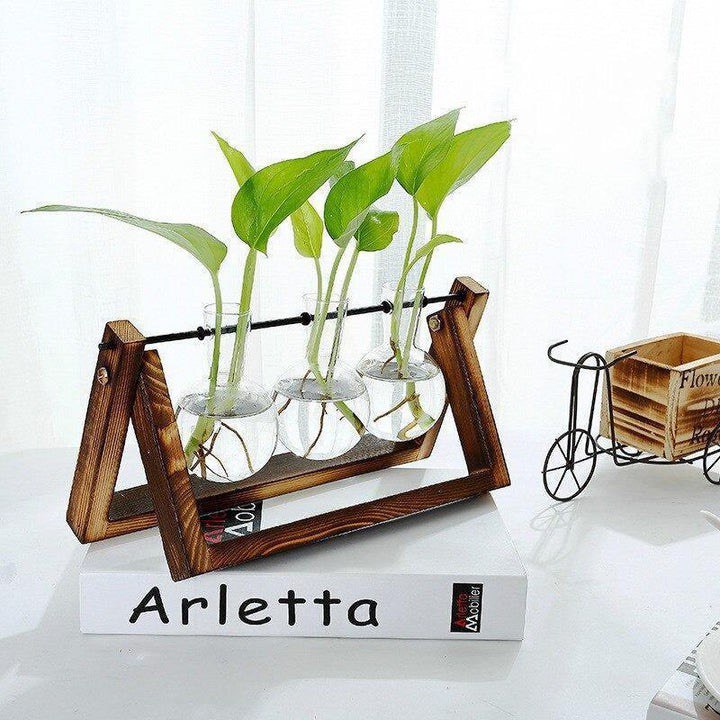 GLASS PROPAGATION VASE A-FRAME WOODEN STAND