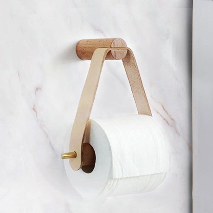 LEATHERETTE AND OAK TOILET PAPER HOLDER