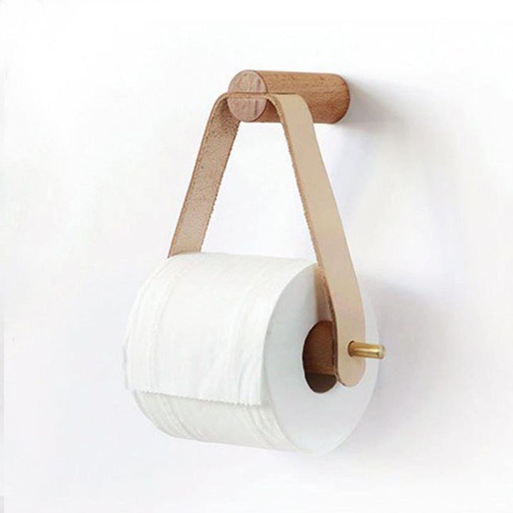 LEATHERETTE AND OAK TOILET PAPER HOLDER