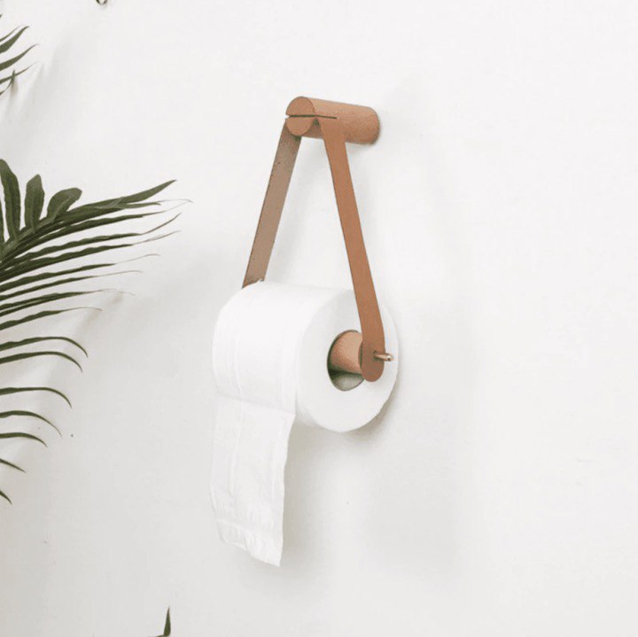 LEATHERETTE AND OAK TOILET PAPER HOLDER