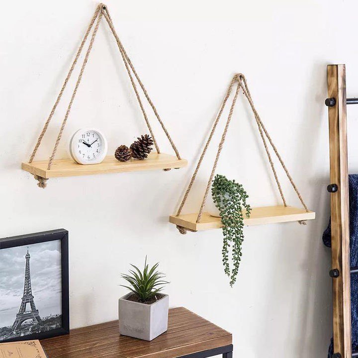 WOODEN ROPE SWING WALL-MOUNTED SHELF