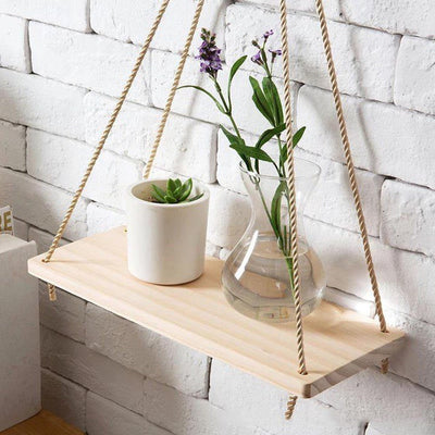 WOODEN ROPE SWING WALL-MOUNTED SHELF