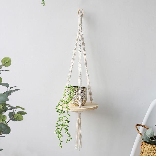 HANDMADE MACRAME ROPE SWING WOODEN SHELF