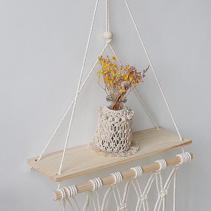 HANDMADE MACRAME ROPE SWING WOODEN SHELF