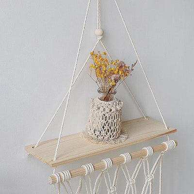 HANDMADE MACRAME ROPE SWING WOODEN SHELF