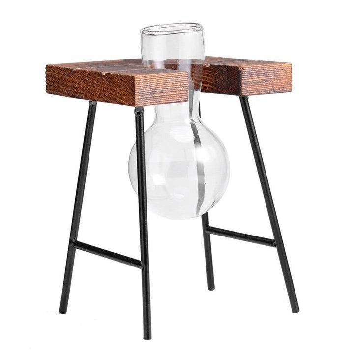 GLASS PROPAGATION VASE WITH IRON AND WOOD STAND