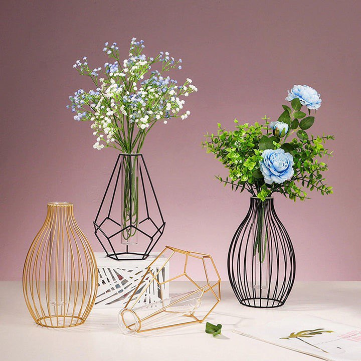 GEOMETRIC IRON FLOWER VASE WITH GLASS TUBE